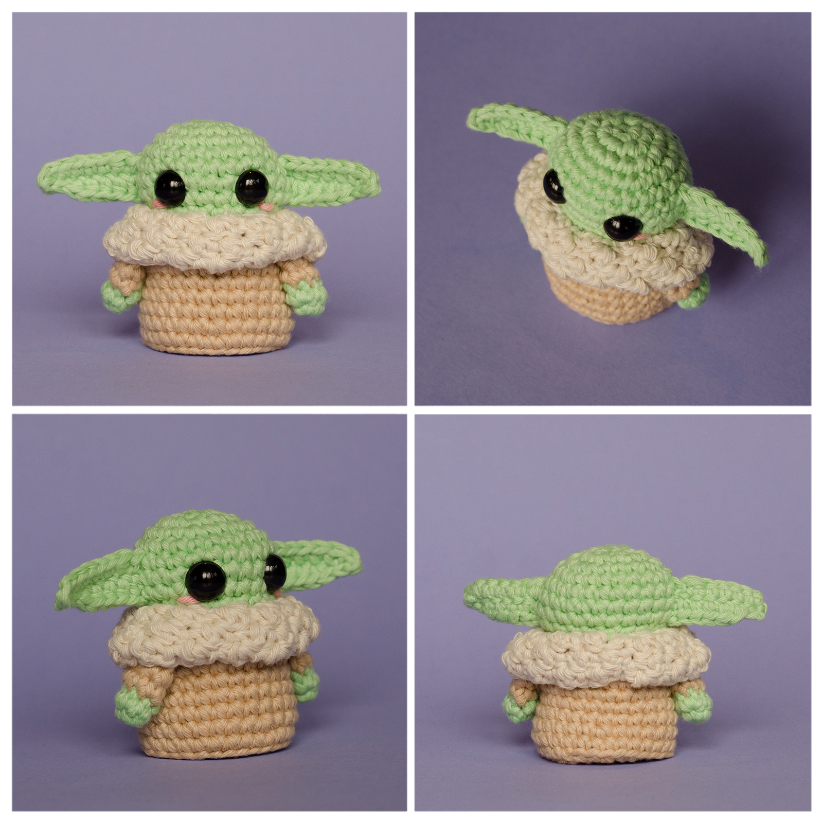 Four angles of finished Grogu amigurumi: front, side, top and back