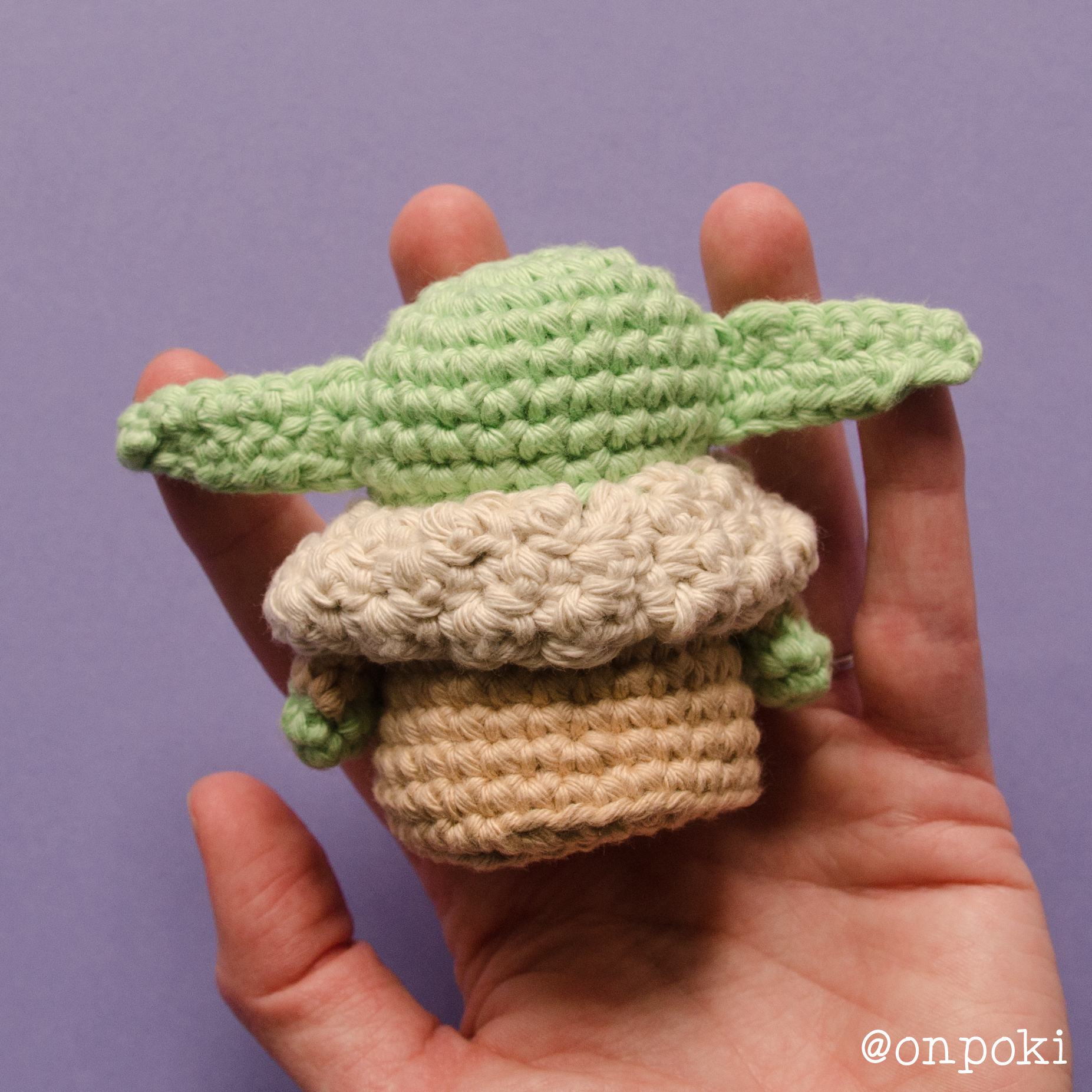 Back view of finished Grogu showing robe and ears